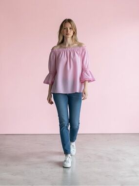 Talbots Pink White Stripe Off-Shoulder Linen Blend Ruffle Sleeve Blouse Sz XL